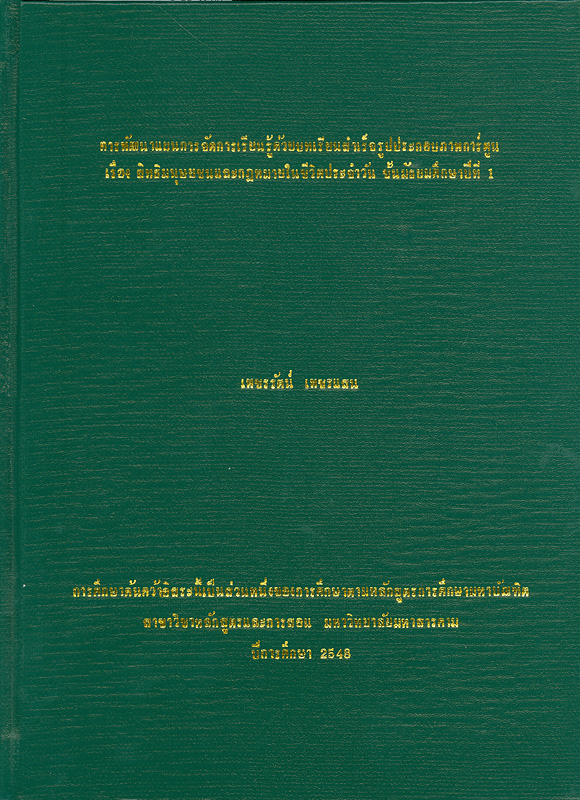  การพัฒนาแผนการจัดการเรียนรู้ด้วยบทเรียนสำเร็จรูปประกอบภาพการ์ตูน เรื่อง สิทธิมนุษยชนและกฎหมายในชีวิตประจำวันชั้นมัธยมศึกษาปีที่ 1 